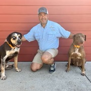 Woman sitting on outdoor steps beside a chocolate-colored Catahoula Leopard Dog